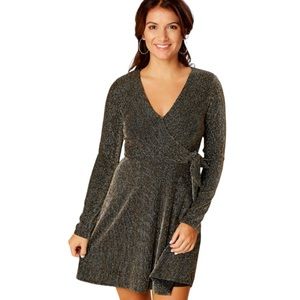 NWT Altar’d State Black Gold Metallic Shimmer Faux Wrap Dress Long Sleeve M